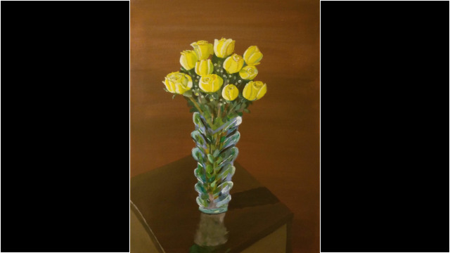 Acrylic on canvas, 18" x 24". Dozen minus one yellow roses